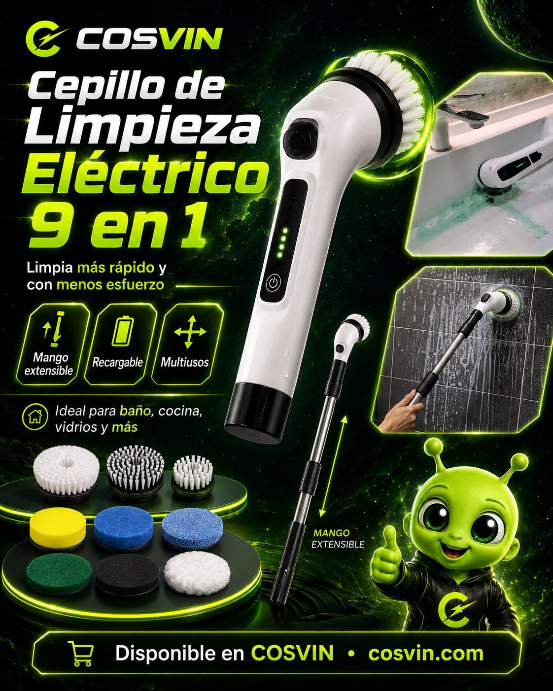 Cepillo eléctrico 9 en 1 con mango extensible y accesorios multiuso.