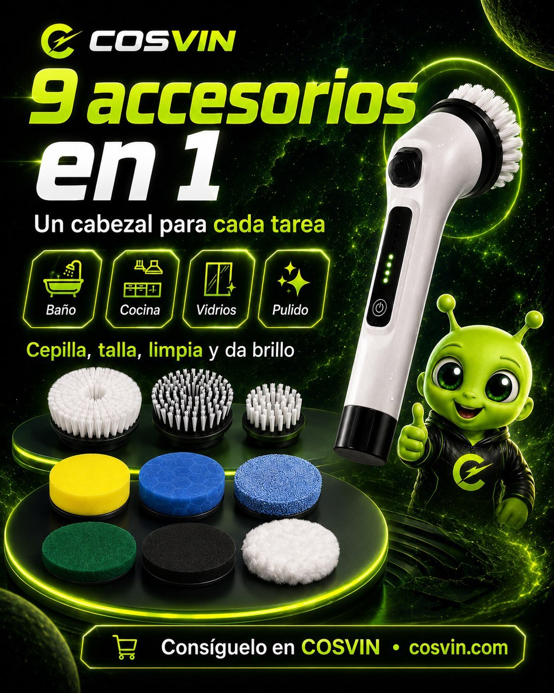 Nueve accesorios para diferentes tareas de limpieza.