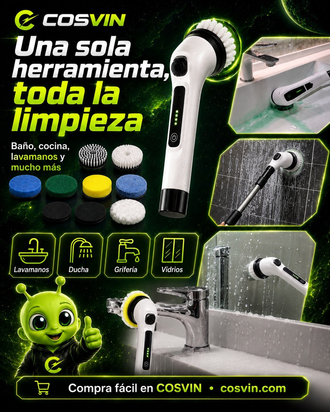 Usos del cepillo en baño, cocina, lavamanos, grifería y vidrios.