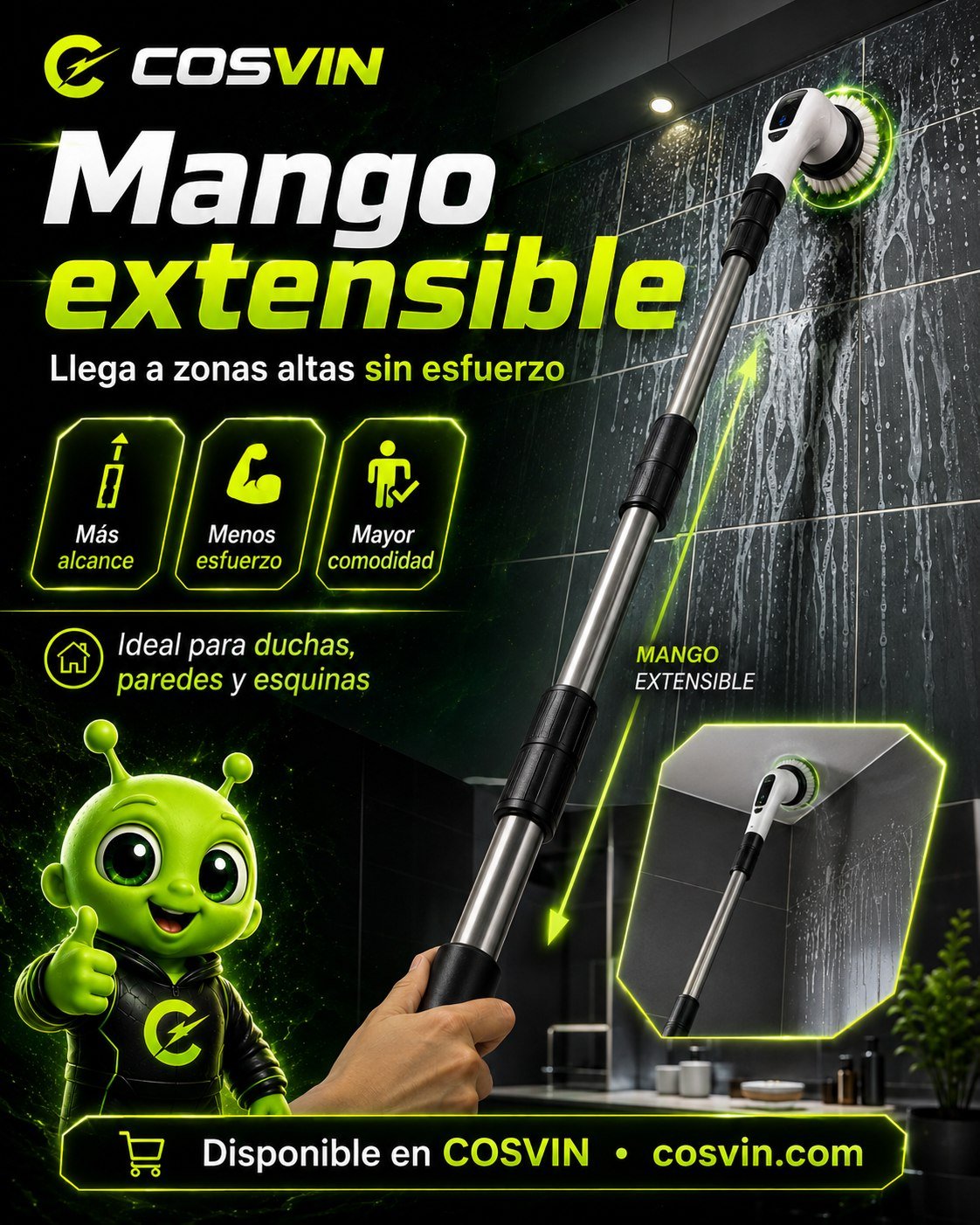 Mango extensible para alcanzar duchas, paredes y esquinas.